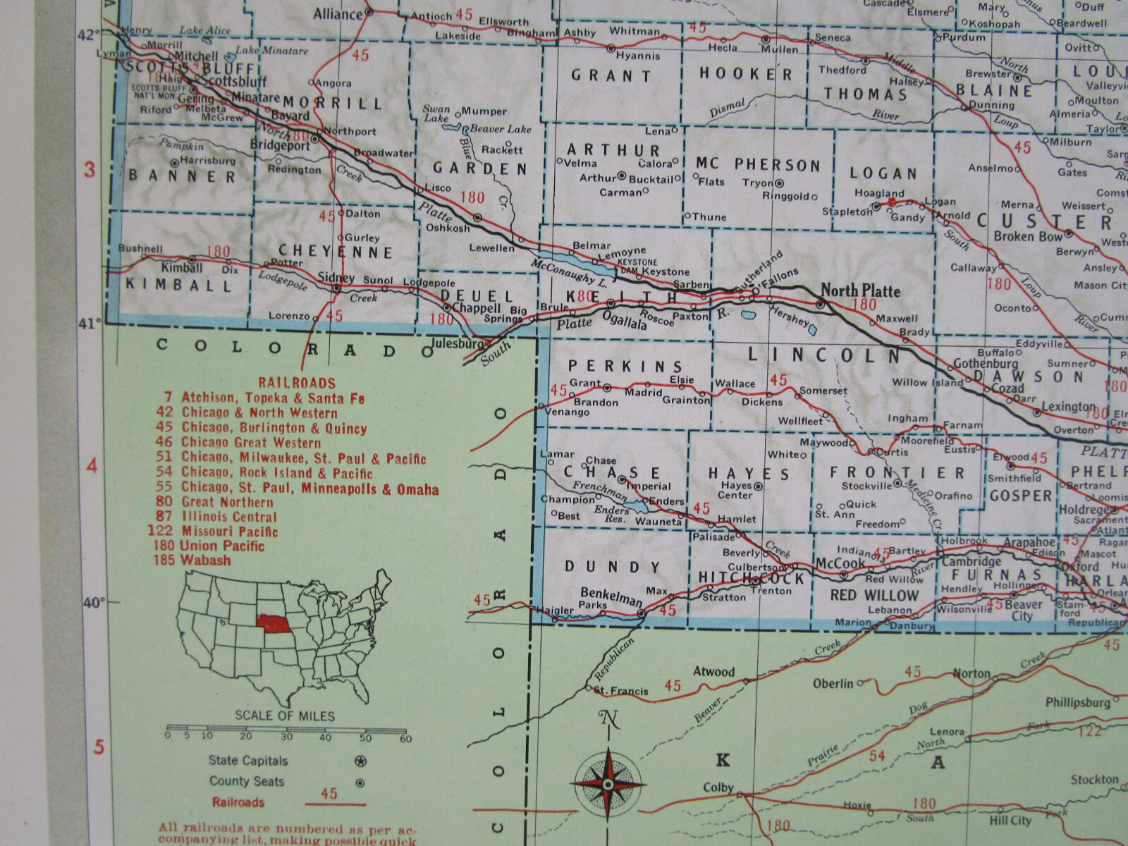 MT NE Mid Century 1950 MONTANA RAILROAD Map. ~or~ NEBRASKA