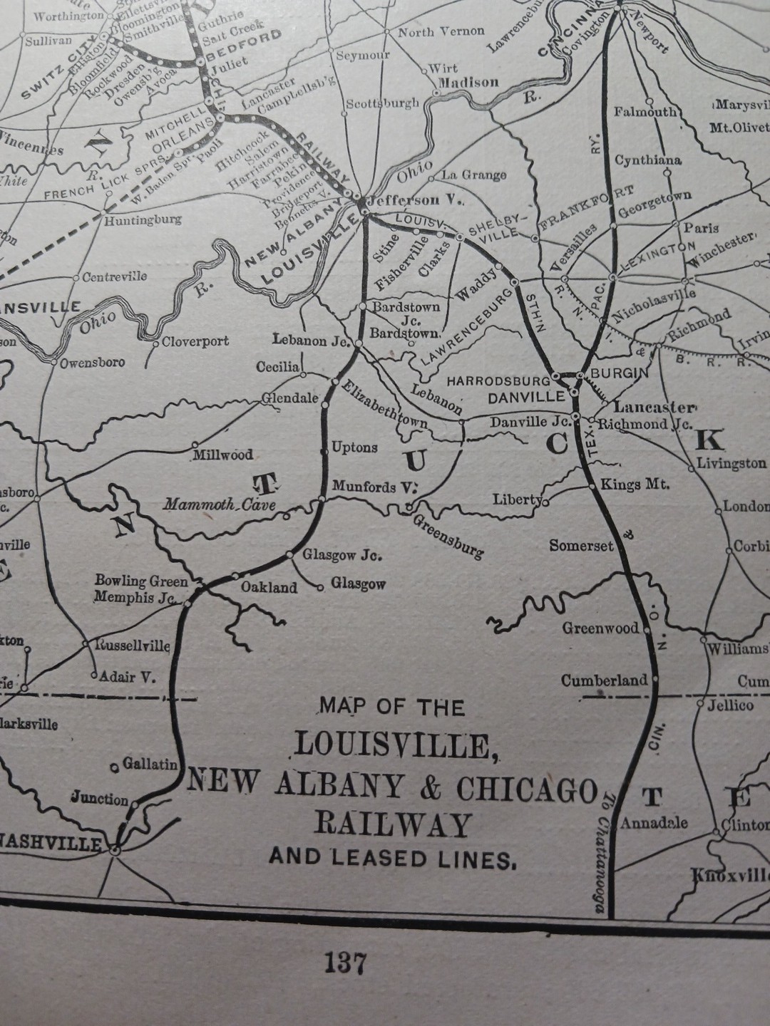 ~1896 Antique Train Route Map LOUISVILLE NEW ALBANY & CHICAGO RAILWAY Indiana RR