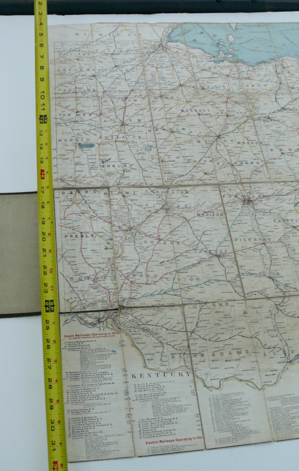 OHIO RAILROAD MAP 1912 FOLDING LINEN MAP STEAM ENGINES STATE