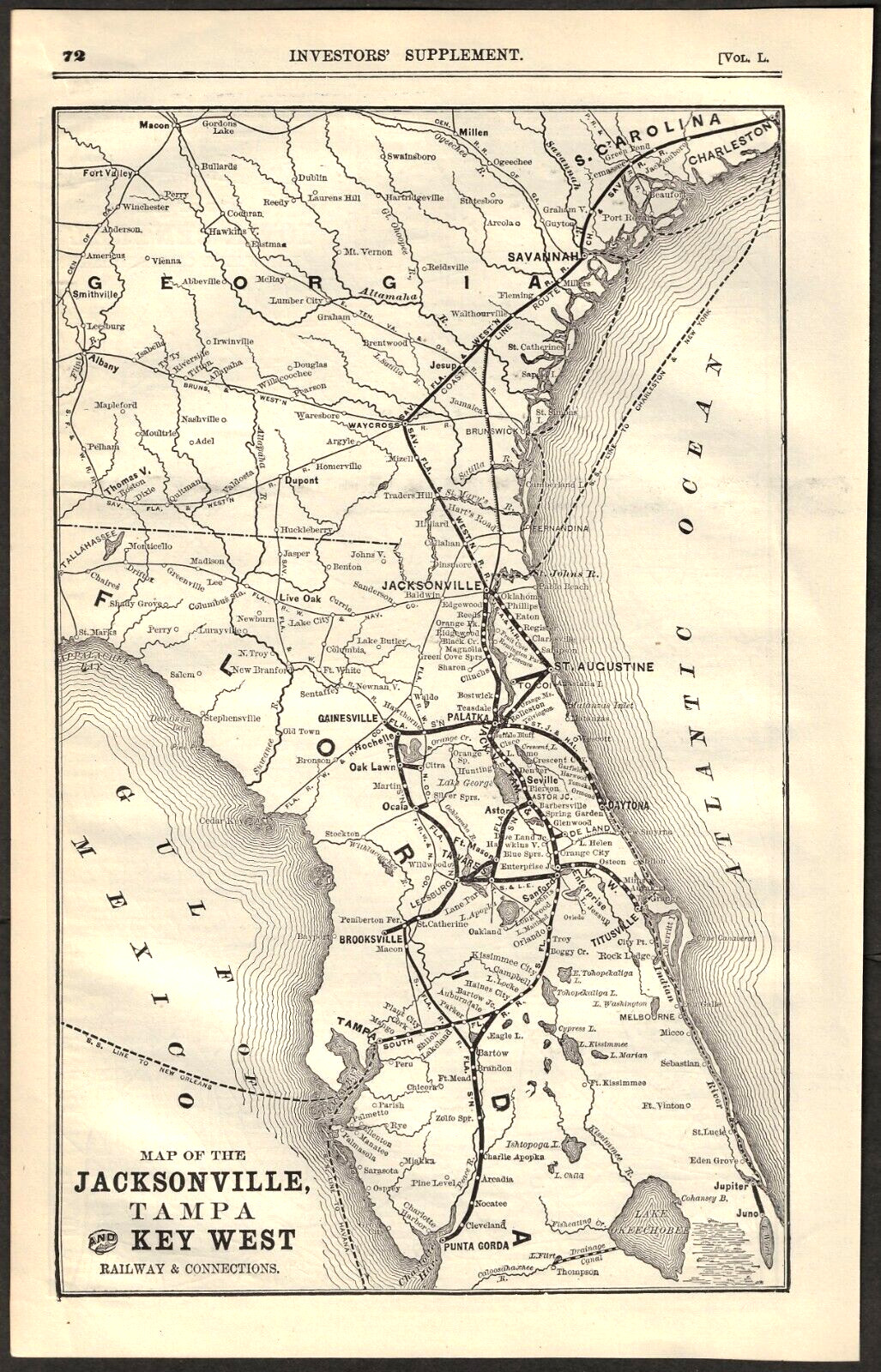 1890 MAP Of The JACKSONVILLE, TAMPA and KEY WEST RAILWAY ~ Iowa Central Reverse