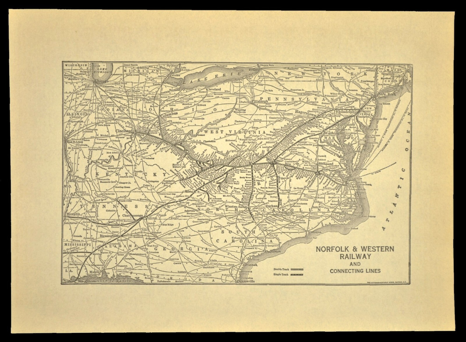 Vintage NORFOLK and WESTERN Railway Map Antique Railroad System Map ca 1929