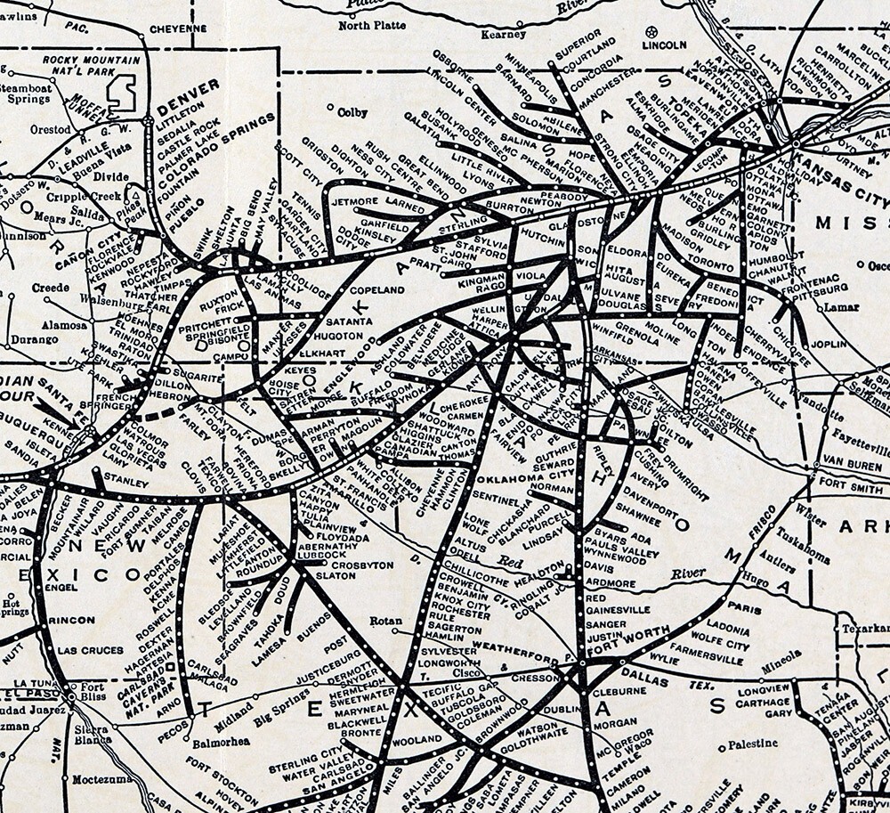 1938 Poole Bros Map Santa Fe Railroad Chicago Houston Texas San Francisco CA RR