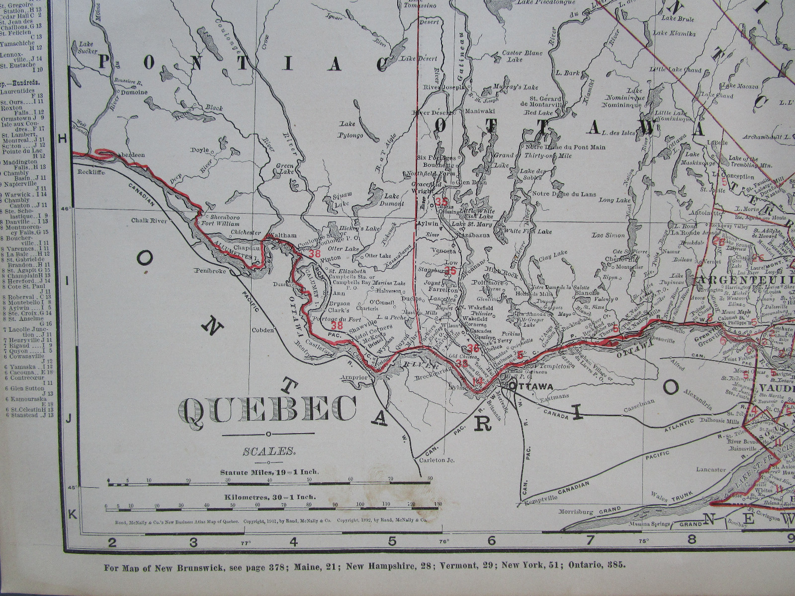 Lg 1901 CANADA QUEBEC RAILROAD Map McN Business CARILLON & GRENVILLE RR. B&M