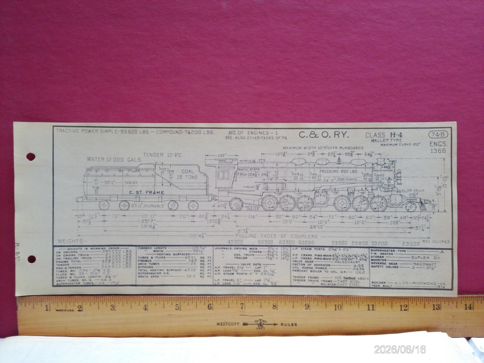 CHESAPEAKE & OHIO RAILROAD ORIG PRINTED DIAGRAM CLASS H-4 LOCOMOTIVE #1366