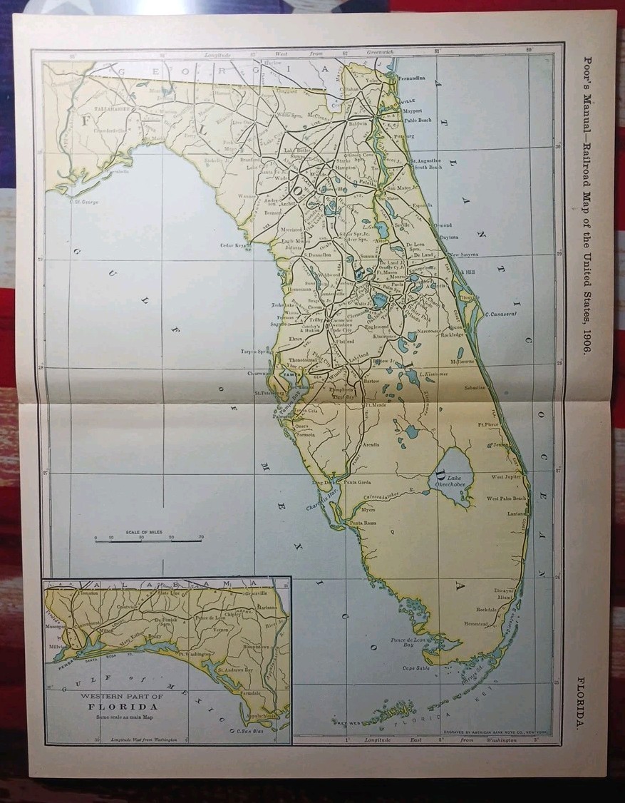 ~1906 Train Route Map of FLORIDA Railroad Lines stations Vintage Original 9×11″