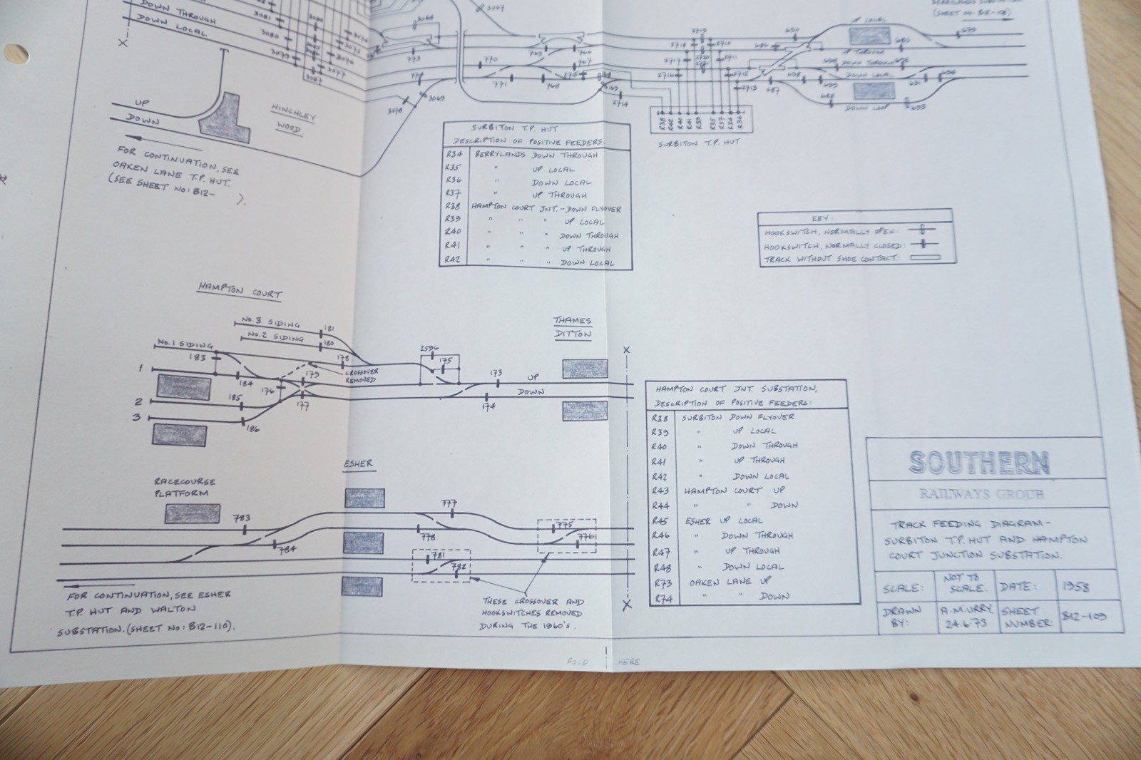 1958 / 1973 Surbiton Hampton Substation Railway Track Plan Map Southern Region