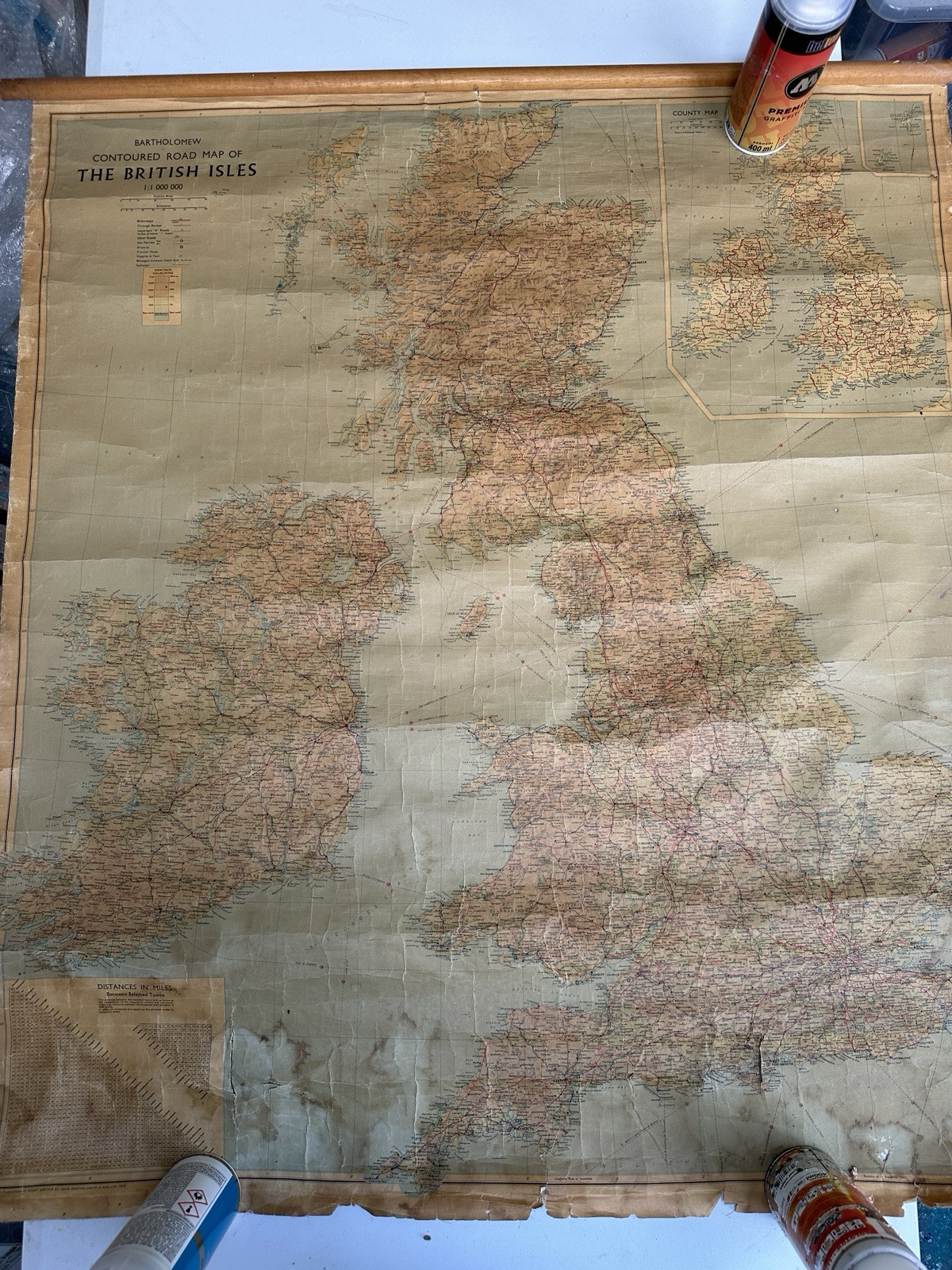 Large Vintage Bartholomew’s Contoured Road Wall Map of the British Isles 1972