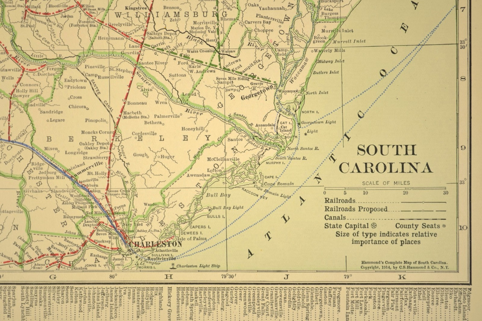 1914 Antique Map of SOUTH CAROLINA Railroads Map ORIGINAL Atlas Map ACL RR DATED