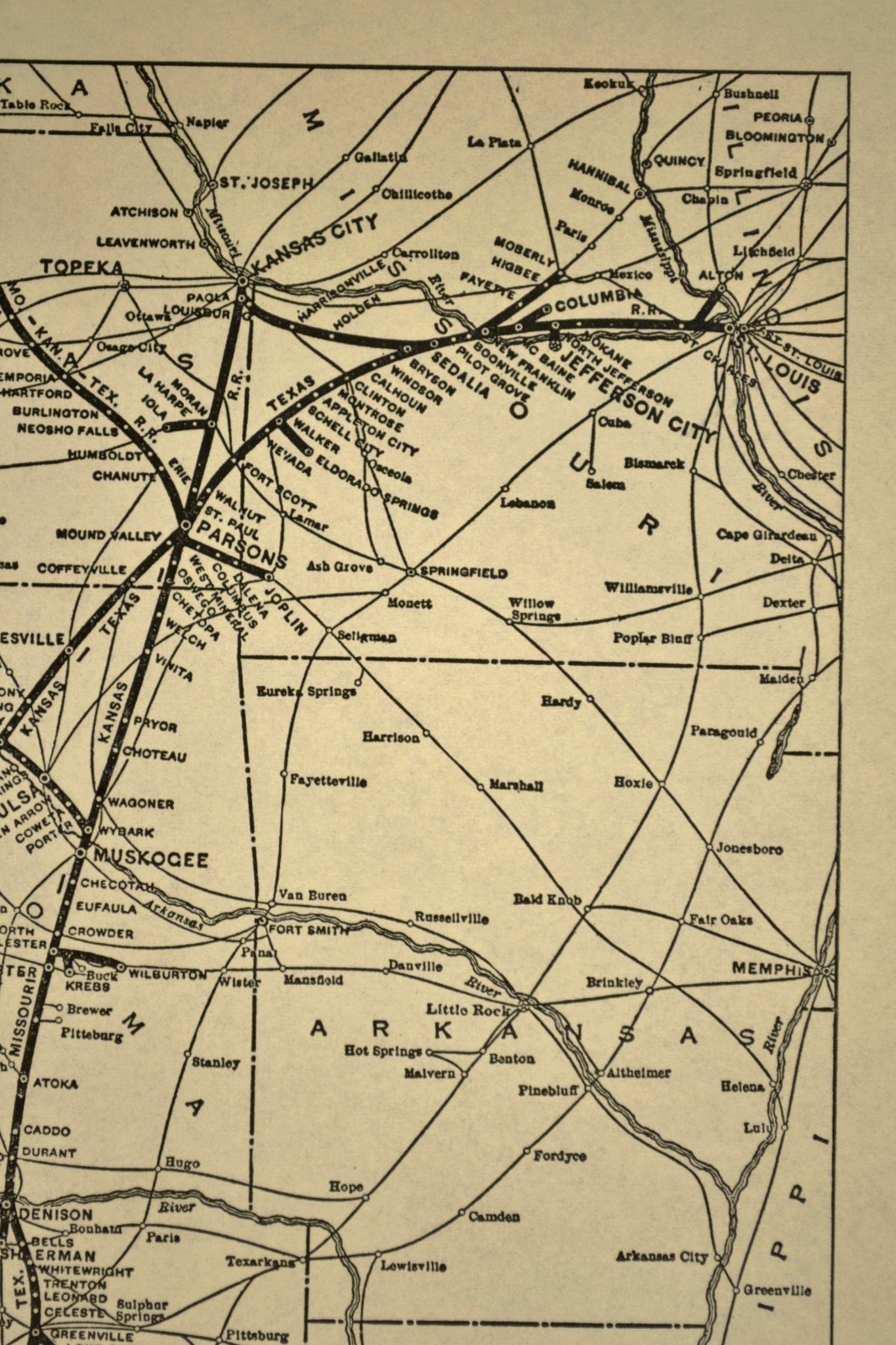 Vintage MKT Railway Map ca 1939 Antique MISSOURI KANSAS TEXAS Railroad Lines Map