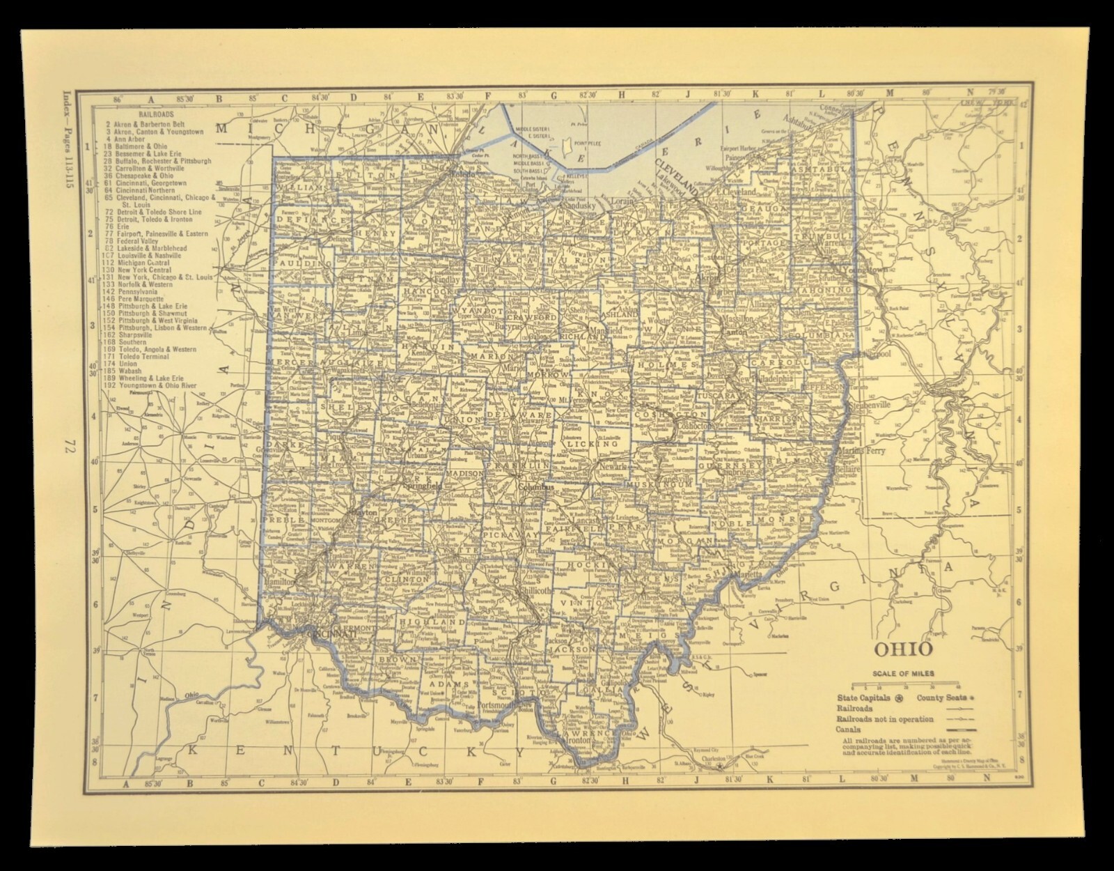 Vintage OHIO Railroad Map Depot Towns B&O RR Columbus Cleveland ca 1930 Antique
