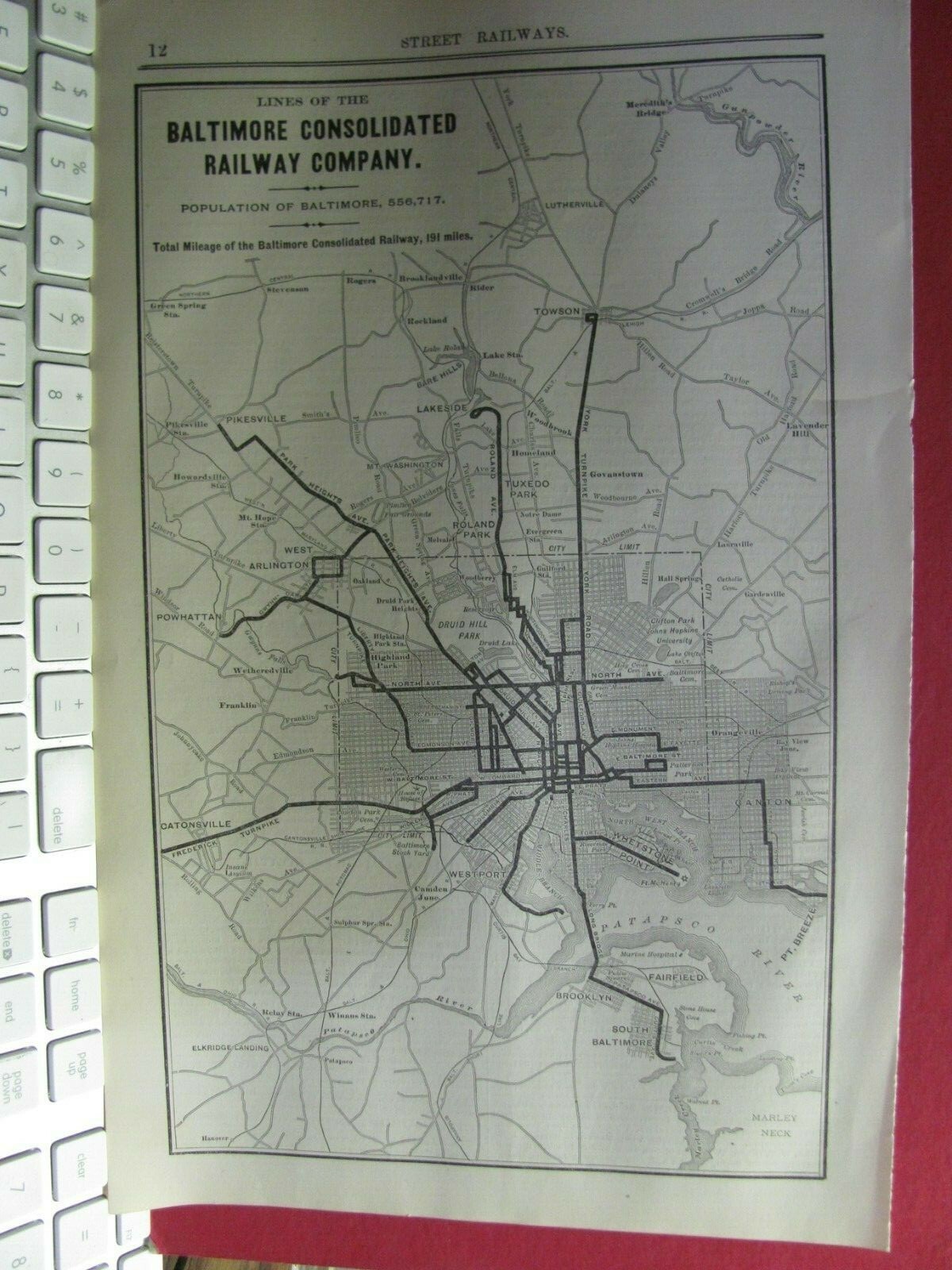 ORIGINAL 1898 BALTIMORE CONSOLIDATED RAILWAY COMPANY SYSTEM MAP w TROLLEY ROUTES