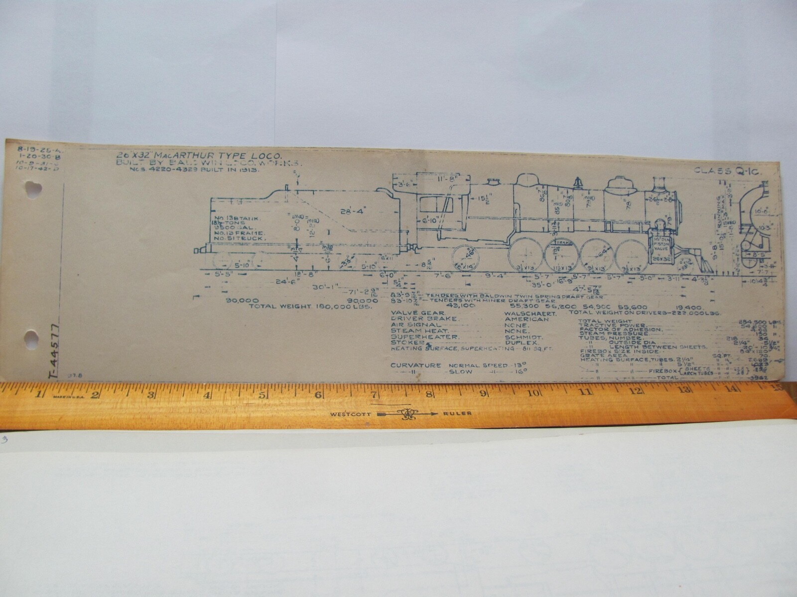 BALTIMORE & OHIO RAILROAD ORIG BLUEPRINT DATA DIAGRAM Q-1C LOCOMOTIVE #4220-4329