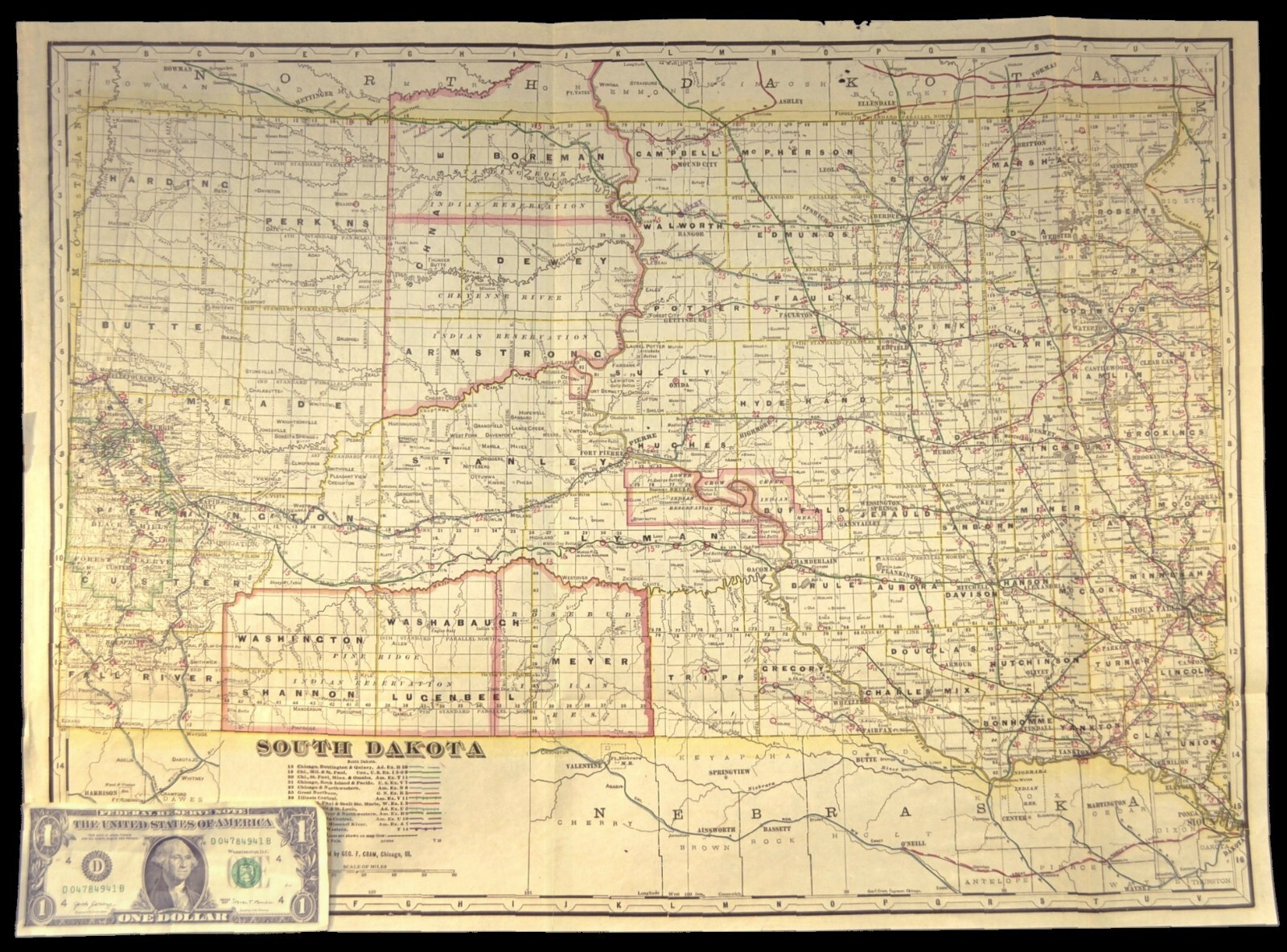 ca 1905 South Dakota Railroad Map Yankton & Western RR Wyoming & Missouri River