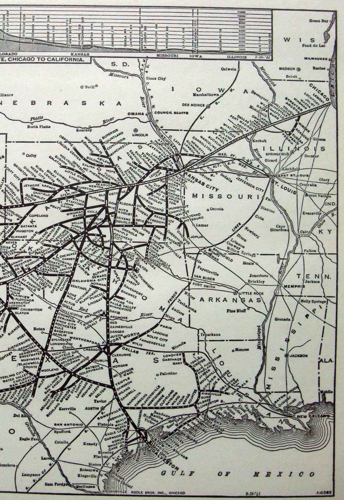 Atchison Topeka & Santa Fe – Original 1941 Railway Map by Poole Bros. Vintage