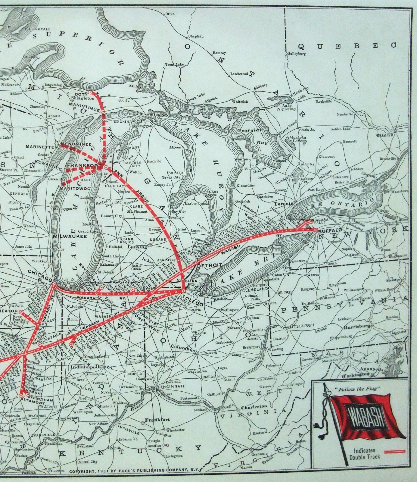 Wabash Railroad – Original 1931 System Map by Poor’s Publishing Co.