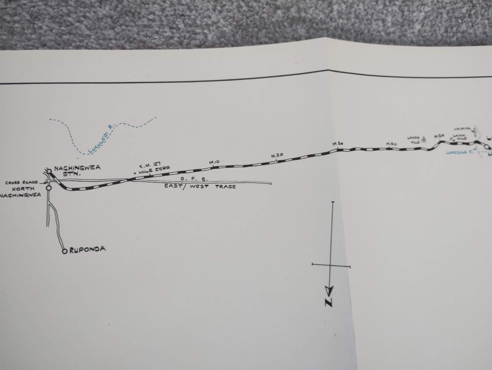 1952 East African Railways Map of Route: Nachingwea to Lumesule (Tanzania)