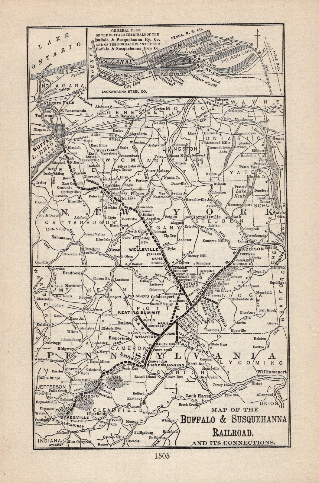 1904 Buffalo & Susquehanna Railroad Map Coal Fields Lackawanna Steel Co 2343