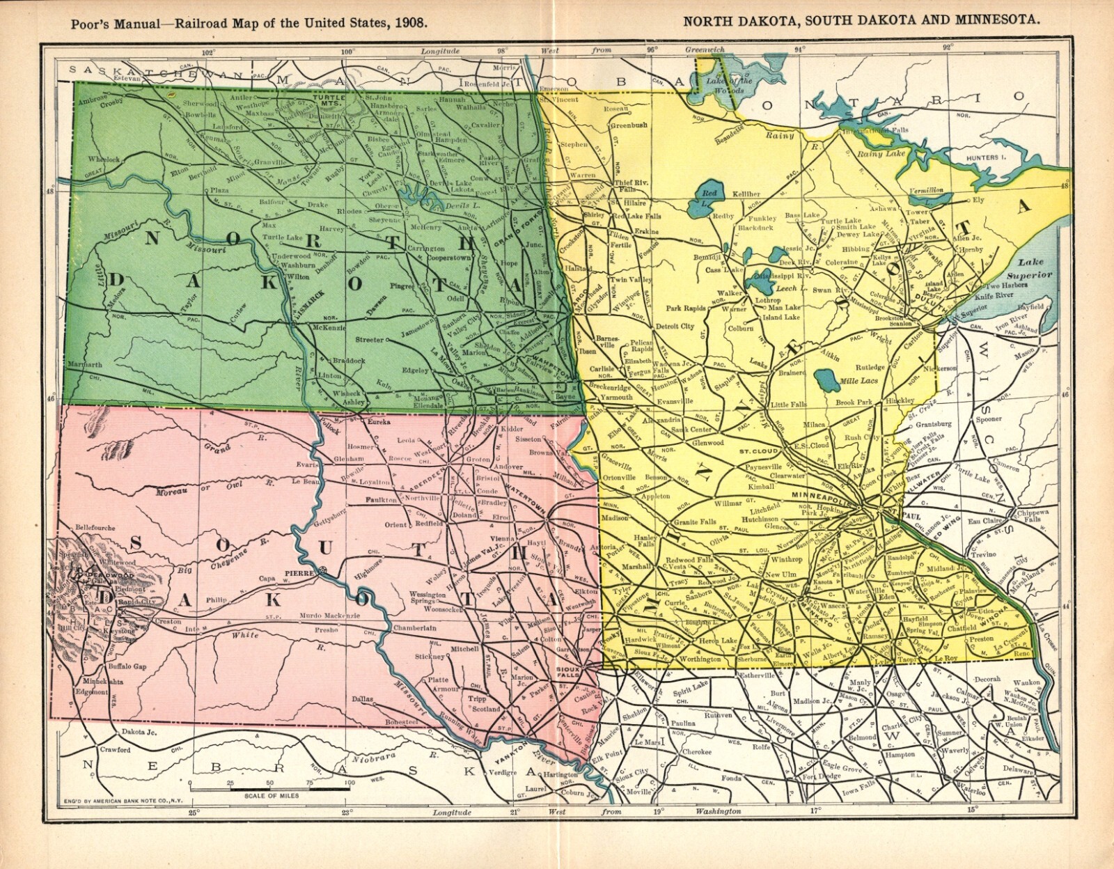 1908 Antique Minnesota South & North Dakota Railroad Map Railway Map 1184