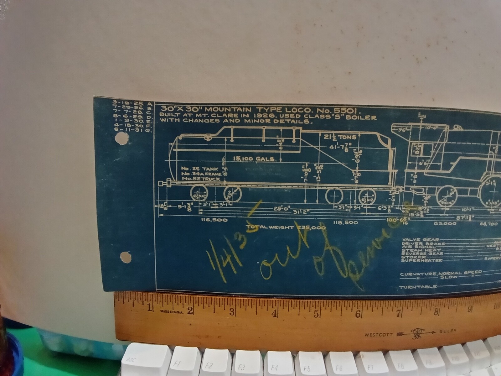 BALTIMORE & OHIO RAILROAD ORIG BLUEPRINT DIAGRAM CLASS T 4-8-2 LOCOMOTIVE #5501