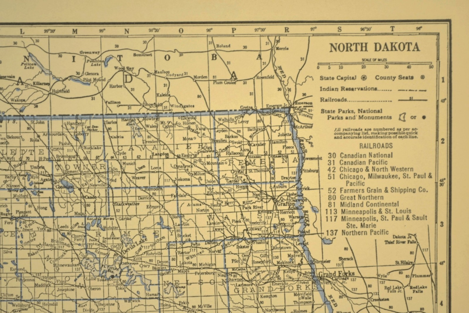 Vintage NORTH DAKOTA Railroad Map Depot Towns Grand Forks GN RR Antique ca 1930