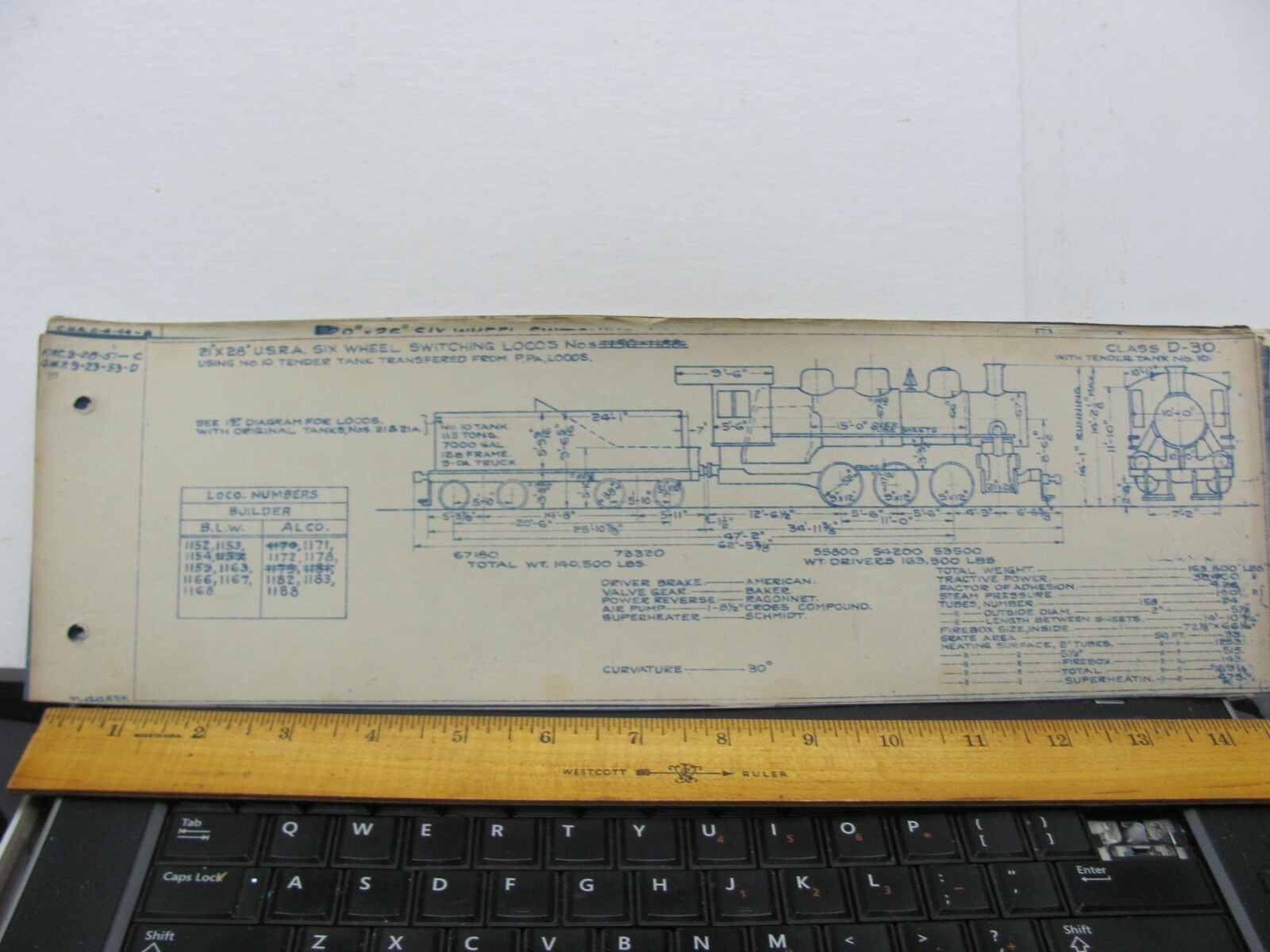 BALTIMORE & OHIO RAILROAD ORIG BLUEPRINT DATA DIAGRAM D30 LOCOMOTIVE #1150-1188