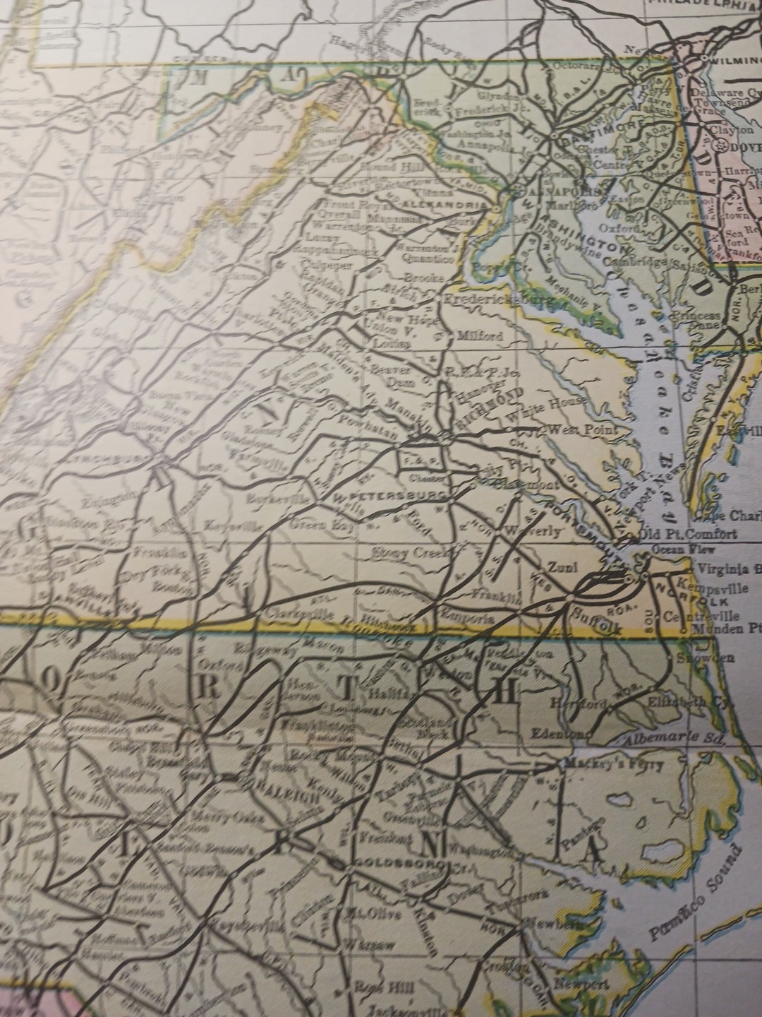 ~1898 Railroad Map Mid Atlantic Virginia Maryland WV SC NC DE Train Routes 11×9″