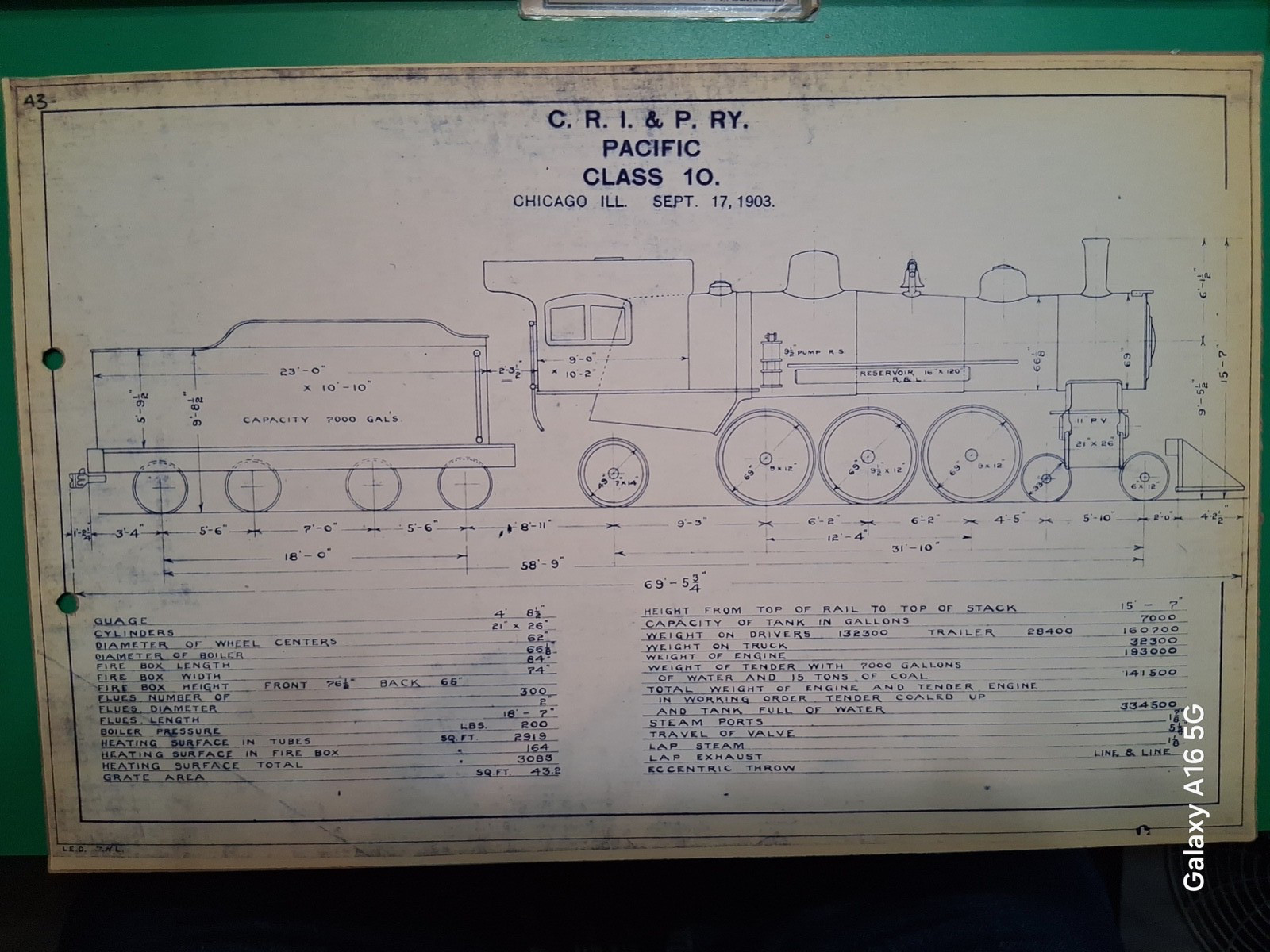 CHICAGO ROCK ISLAND & PACIFIC RAILROAD 4-6-2 LOCOMOTIVE ORIG 1903 BLUEPRINT DATA