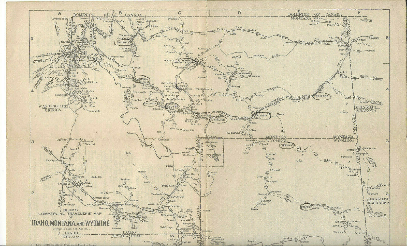Blum’s Commercial Travelers Map-Idaho Montana Wyoming Railroads/Railways 1925