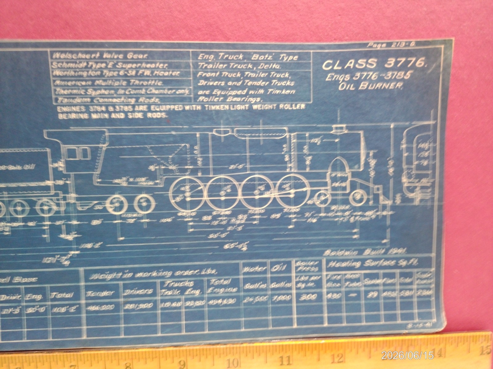 AT&SF RAILROAD ORIG BLUEPRINT DATA DIAGRAM BUILDER PHOTO 4-8-4 LOCOMOTIVE #3776
