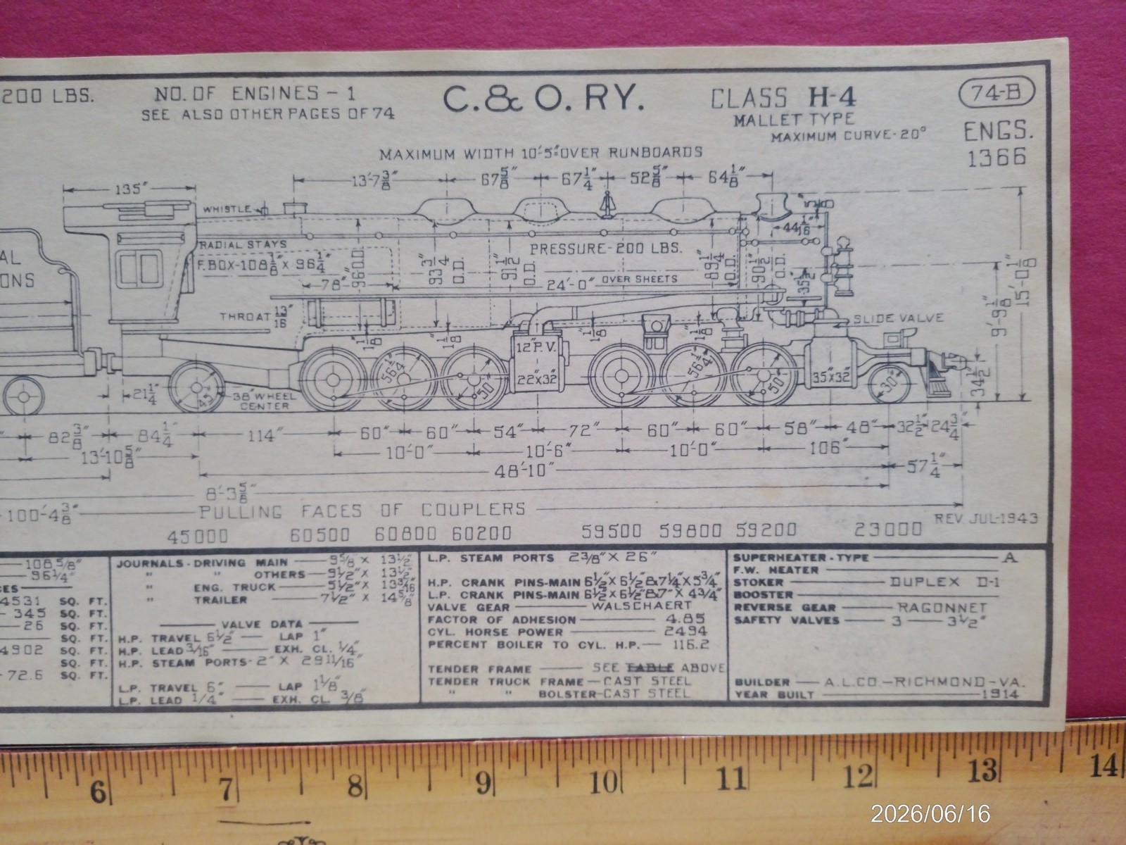 CHESAPEAKE & OHIO RAILROAD ORIG PRINTED DIAGRAM CLASS H-4 LOCOMOTIVE #1366