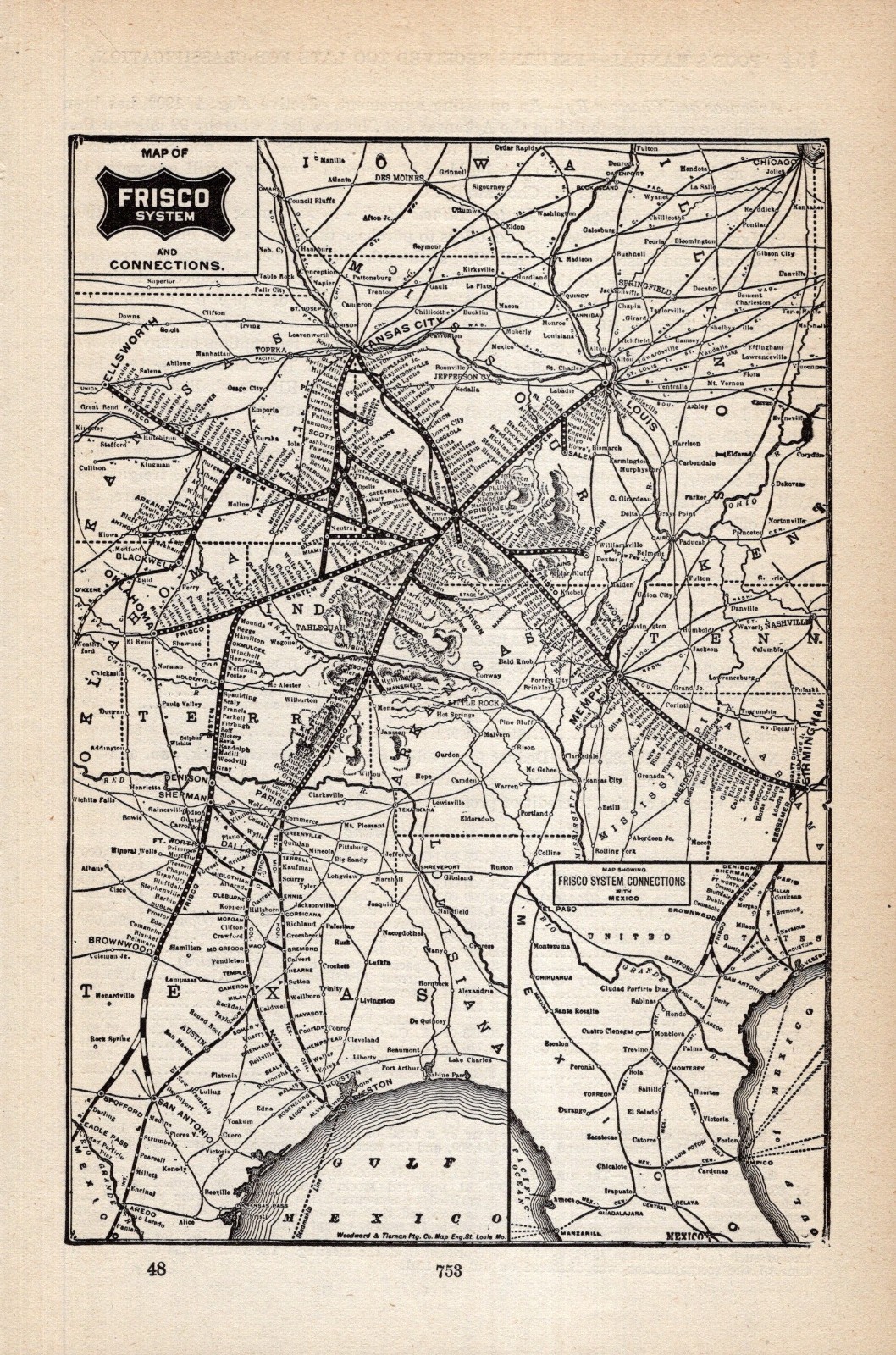 1902 Antique Frisco System Railway Map Vintage Railroad Map 2795