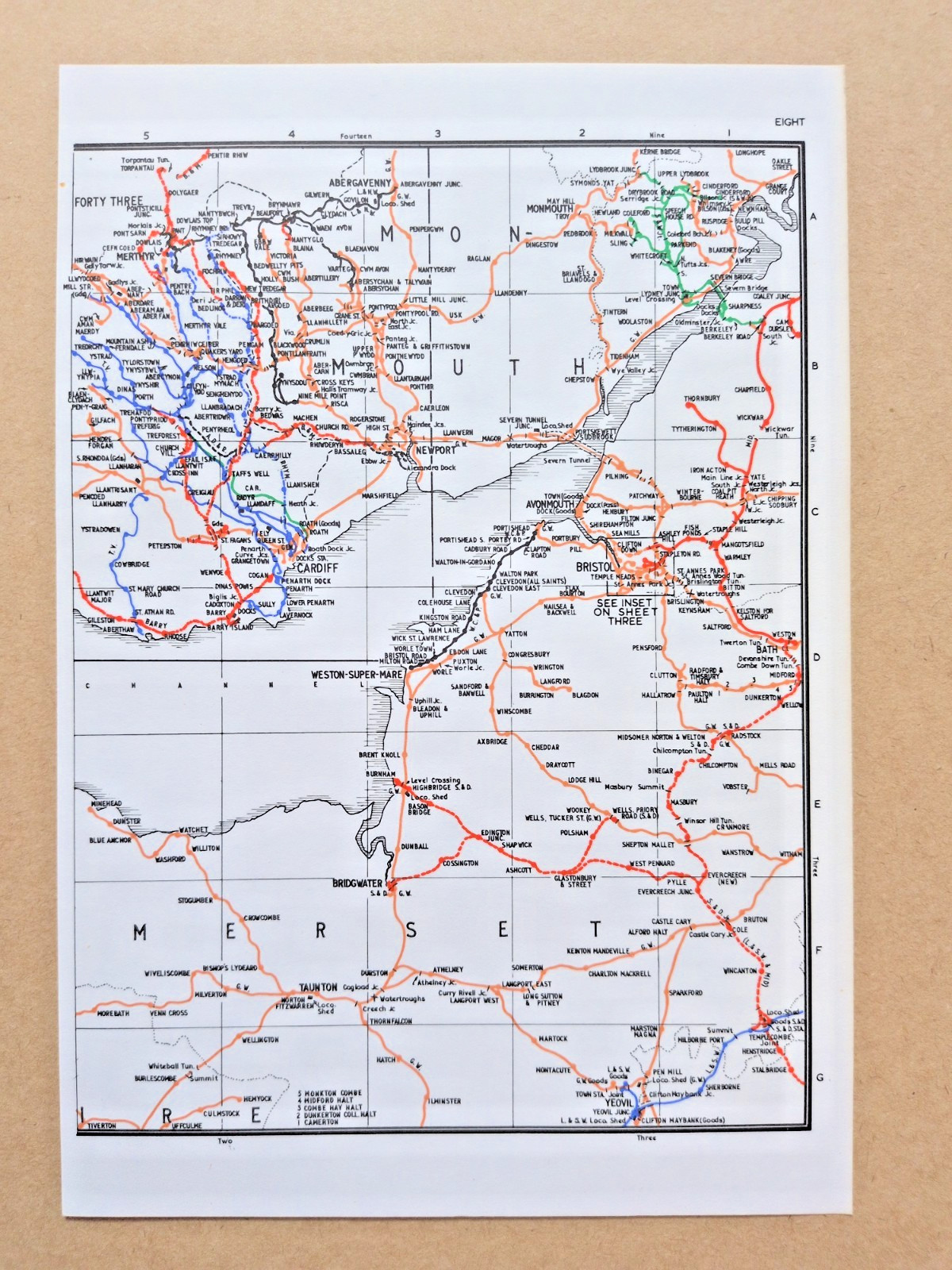 Vintage 1972 map showing Pre Grouping Rail Lines of Somerset and Monmouth