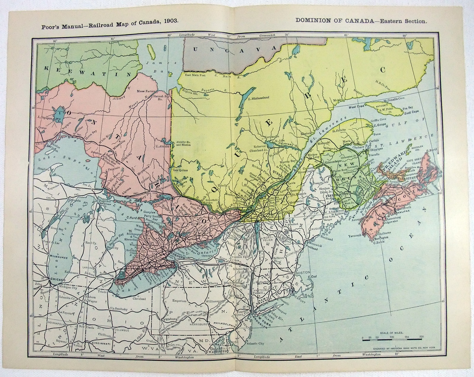 Eastern Canada – Original 1903 Railroad Map. Antique Railway