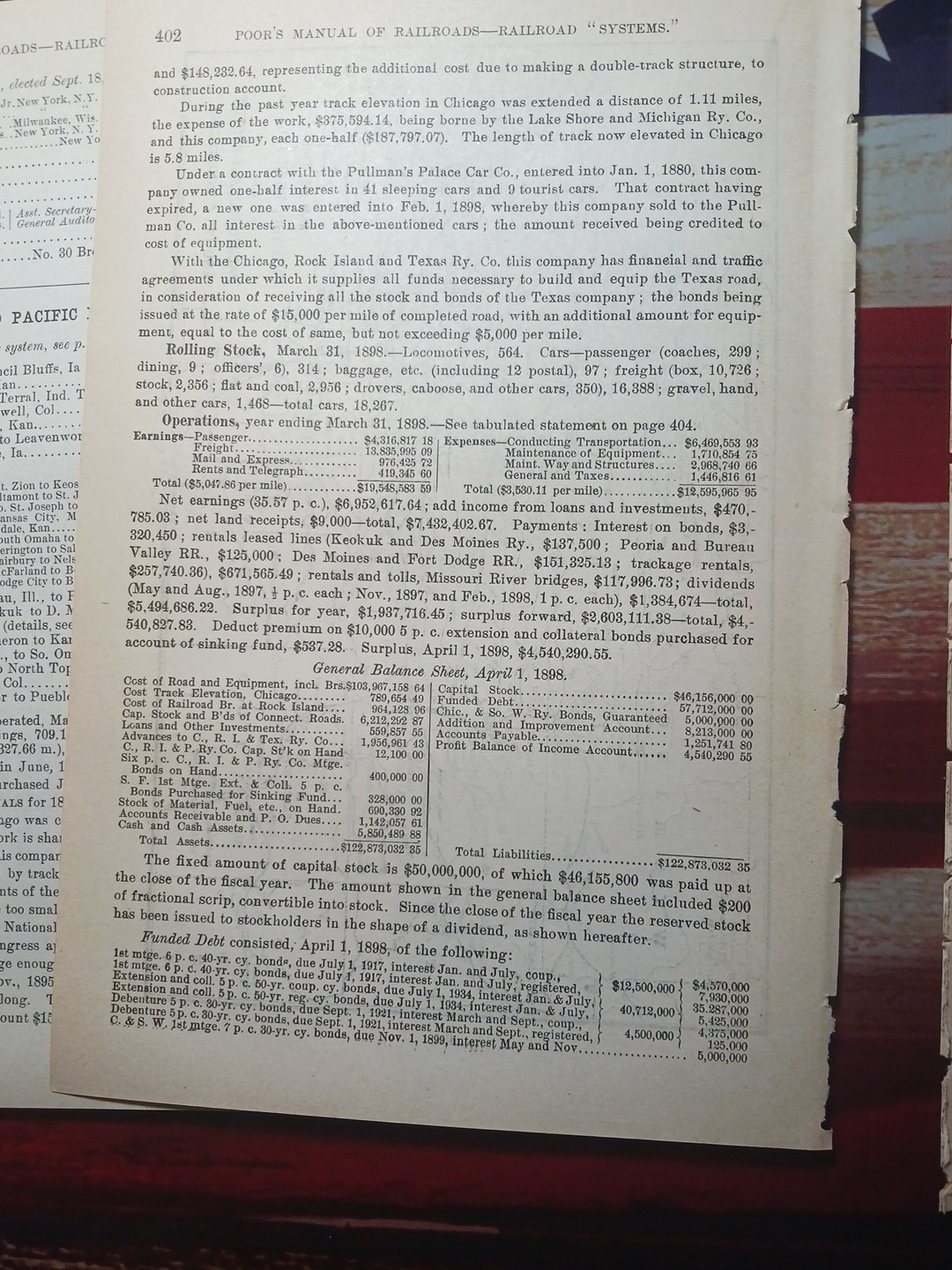 ~1898 Train Route Map + Railroad Report CHICAGO ROCK ISLAND & PACIFIC RAILWAY