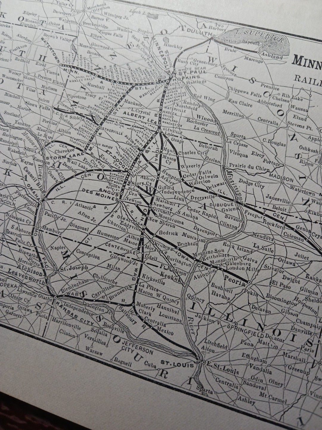 ~1904 Train Route Map MINNEAPOLIS & ST LOUIS RAILROAD antique Railway stations