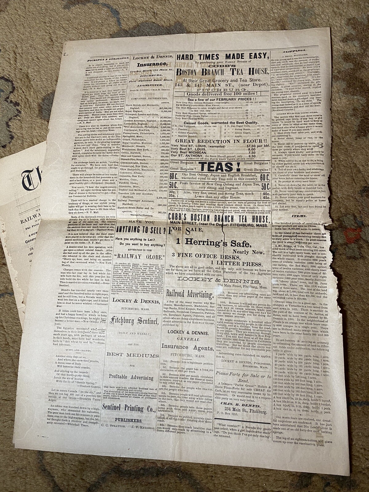 Antique 1878 The Railway Globe Newspapers Lot Fitchburg MA Old 1870’s Train Map