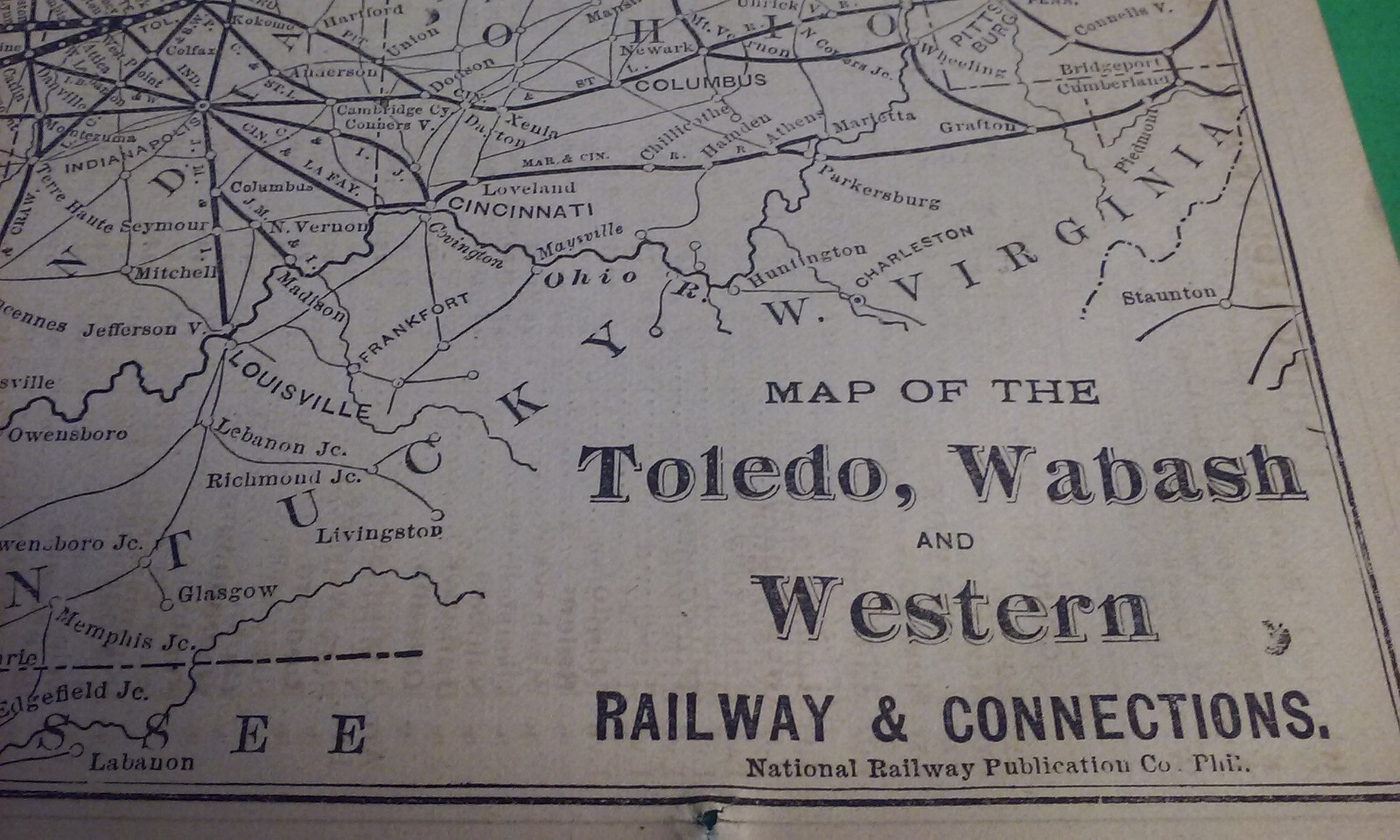 Rare 1876 TOLEDO, WABASH & WESTERN Railway RxR Routes & Connections Print Map