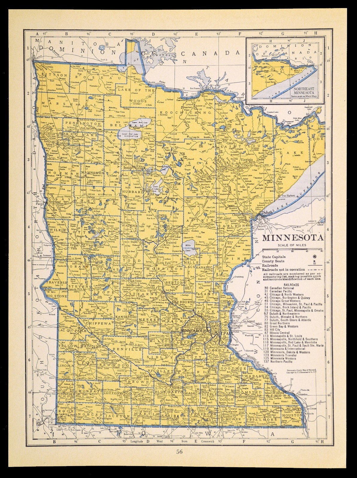 ca1939 MINNESOTA Railroad Map Depot Towns MStP&SSM RR Historic Original Atlas