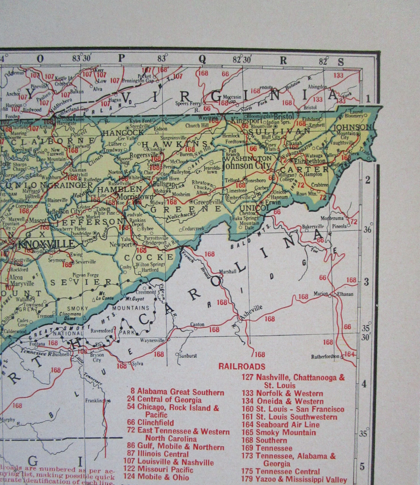 TN SD Vtg 1942 TENNESSEE RAILROAD Map. SMOKY MOUNTAIN RR ~or~ SOUTH DAKOTA