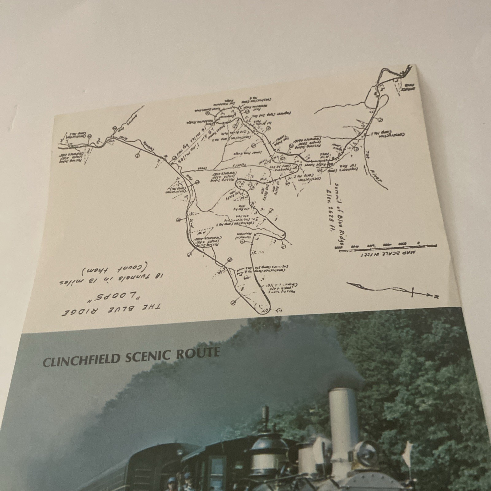 Vintage Paper Image Clinchfield Railroad steam locomotive and route map.