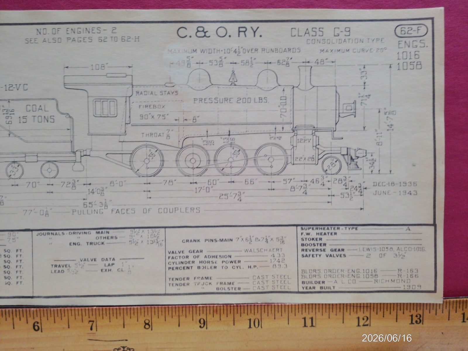 CHESAPEAKE & OHIO RAILROAD ORIG PRINTED DIAGRAM CLASS G-9 LOCOMOTIVE #1016 #1058