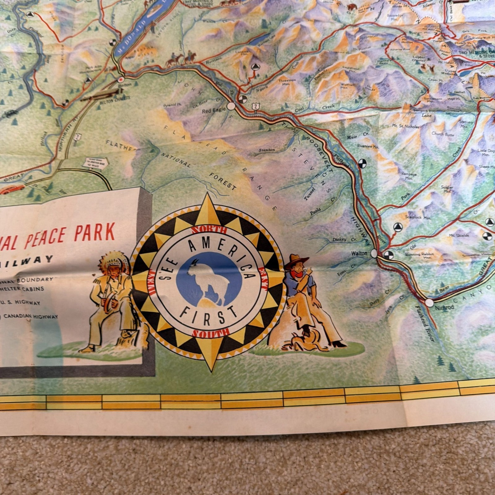 Vintage 1939 Great Northern Railway Pictorial Map Glacier National Park Waterton