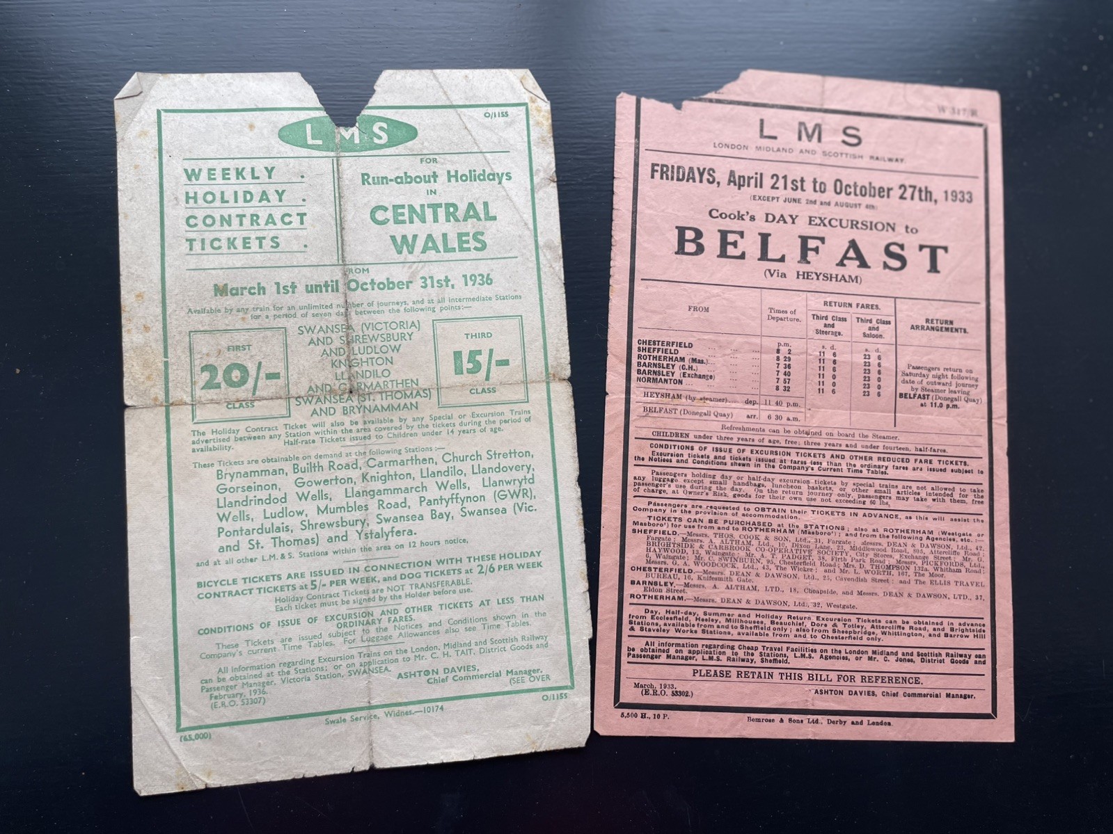 2 x 1930s LMS train timetable / flyer for Belfast and Central Wales day trips