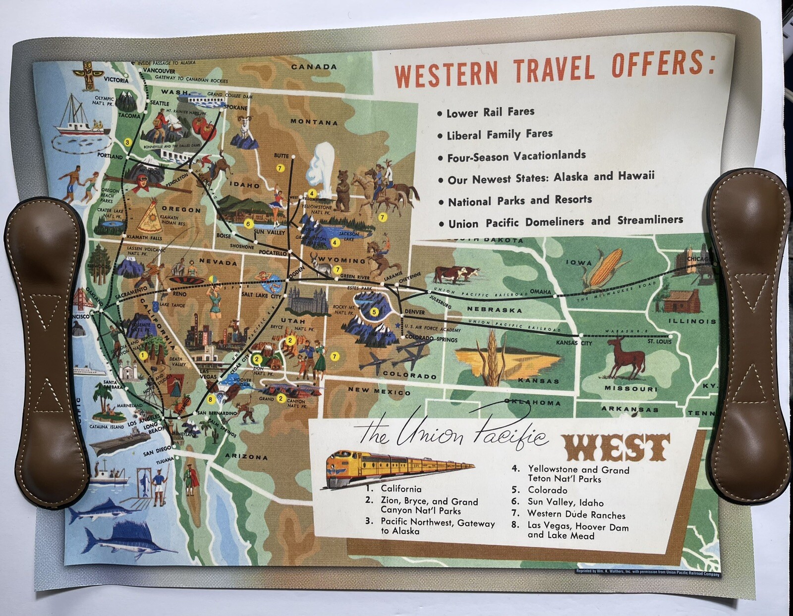 Vintage Union Pacific West Line Map Poster Railroad Train Time Table 1959