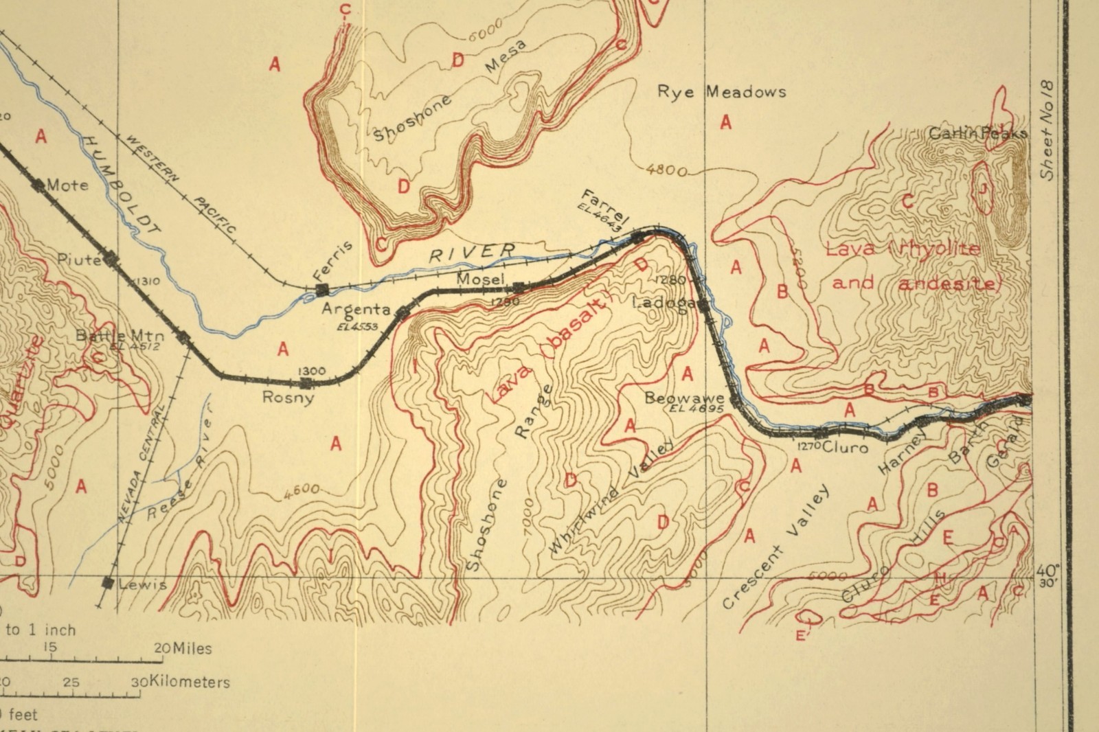 1915 Southern Pacific RR Map Beowawe Gate Nevada Hot Springs Crescent Valley