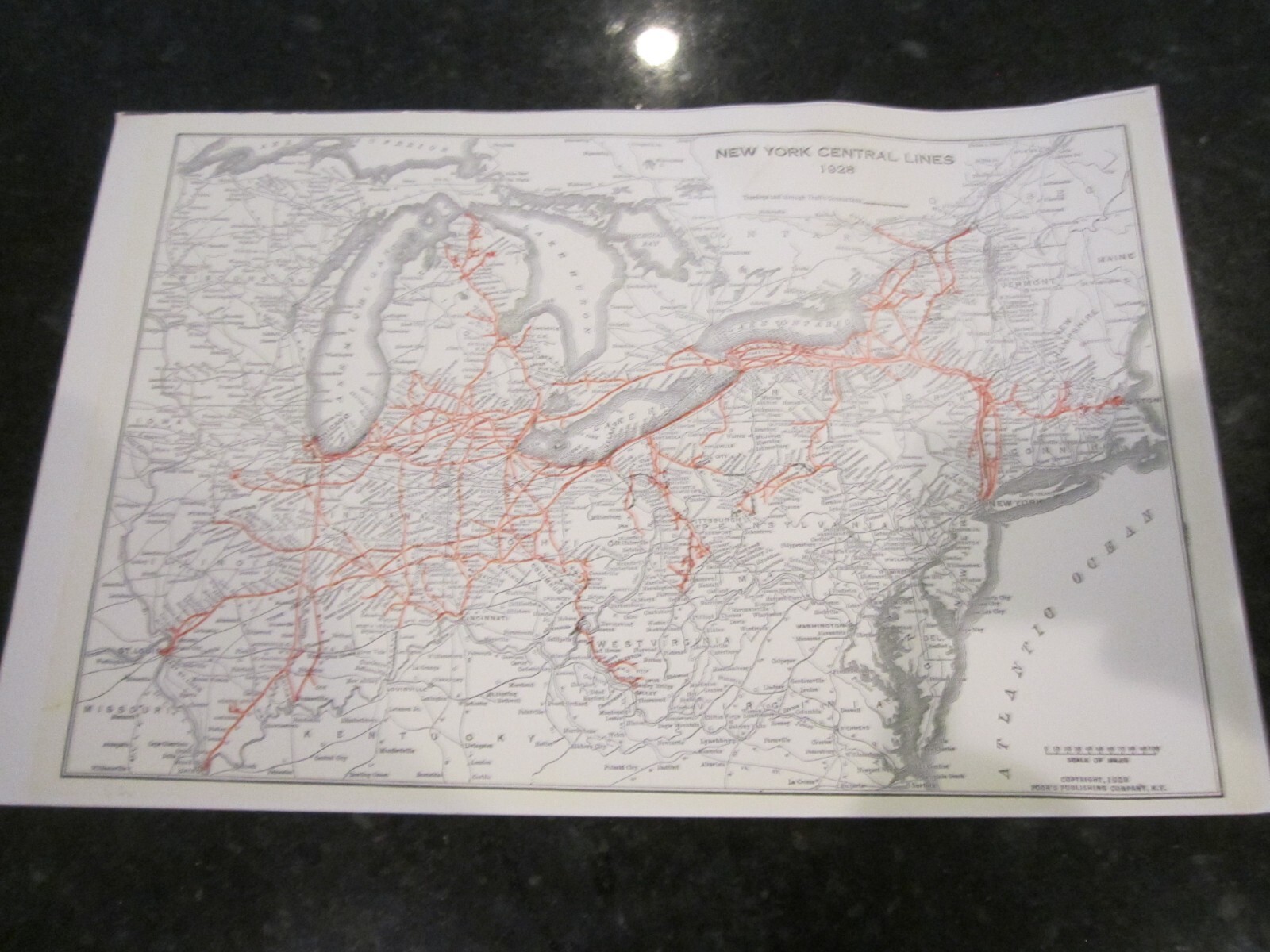 1928 MAP OF NEW YORK CENTRAL LINES RAILWAY – 17″ X 11″ – HEAVY STOCK PAPER