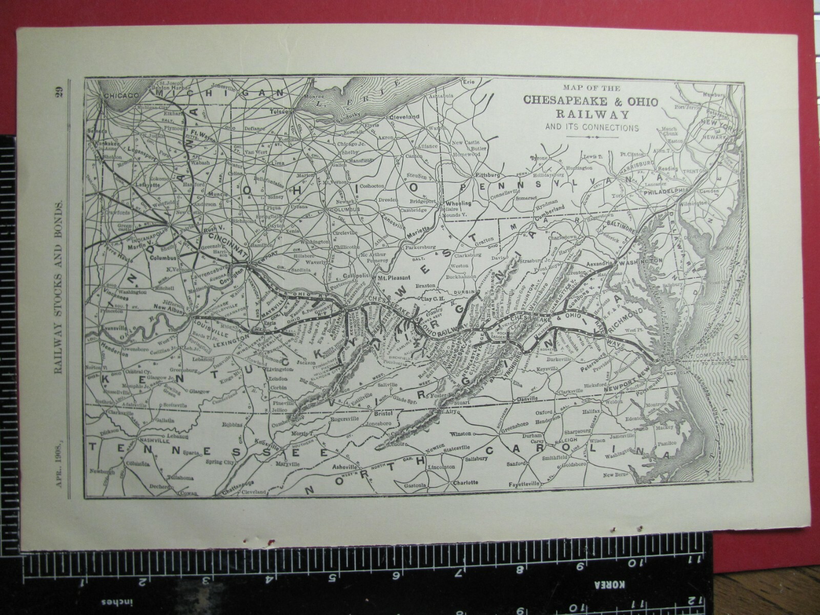 ORIG 1908 CHESAPEAKE & OHIO RAILROAD CO. SYSTEM MAP C&O RR ROUTE IN VA WV OH IN