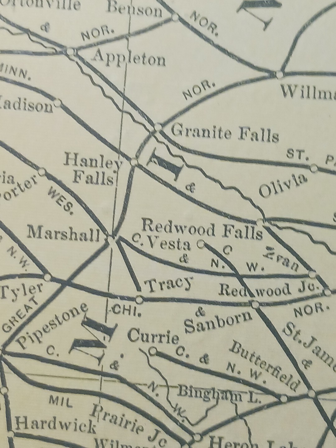 ~1904 Railroad Map MINNESOTA North South DAKOTA All railway Routes Depots 11×9″