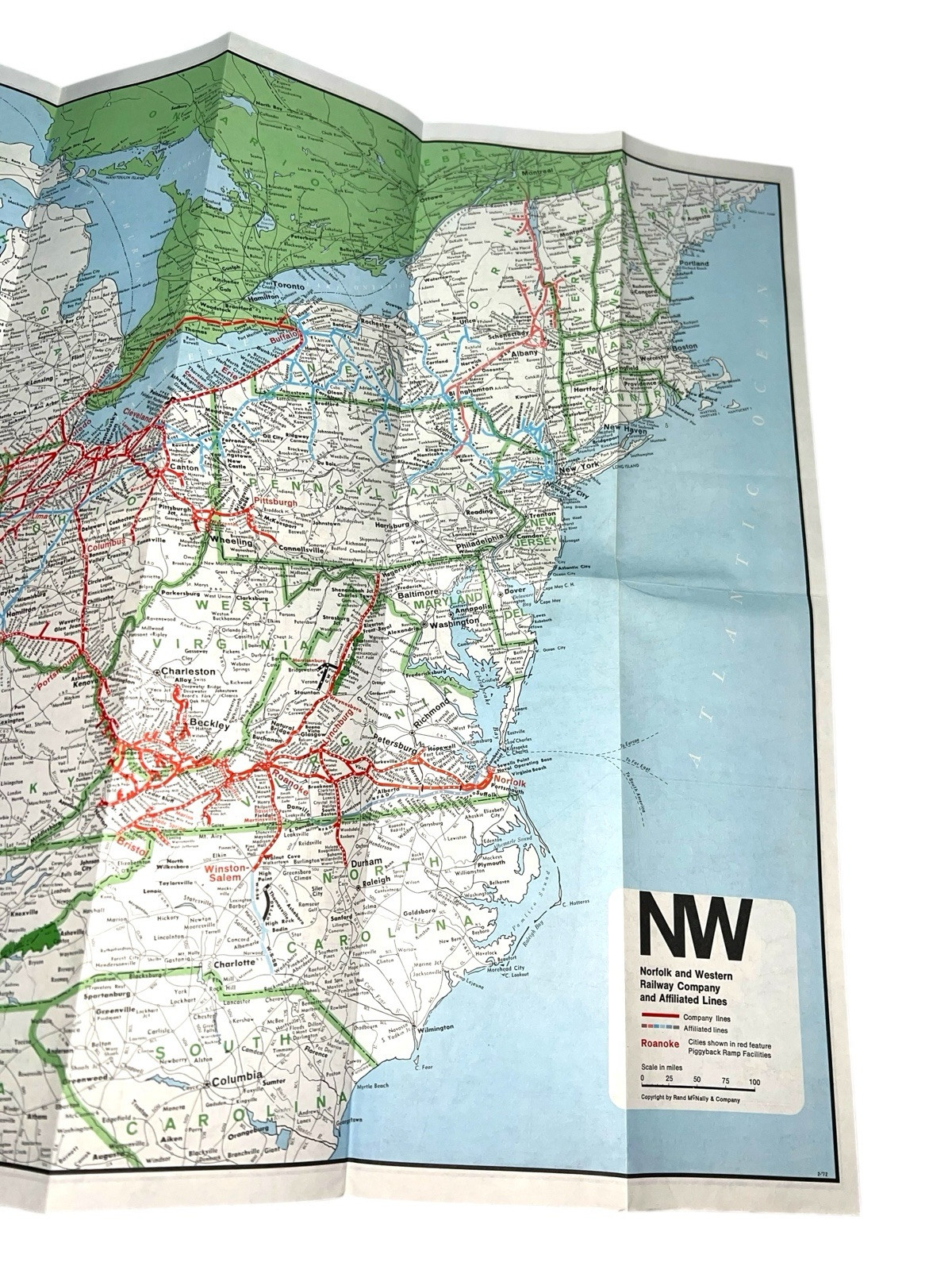 February 1972 Norfolk and Western Railway Map Rand McNally Vintage Map