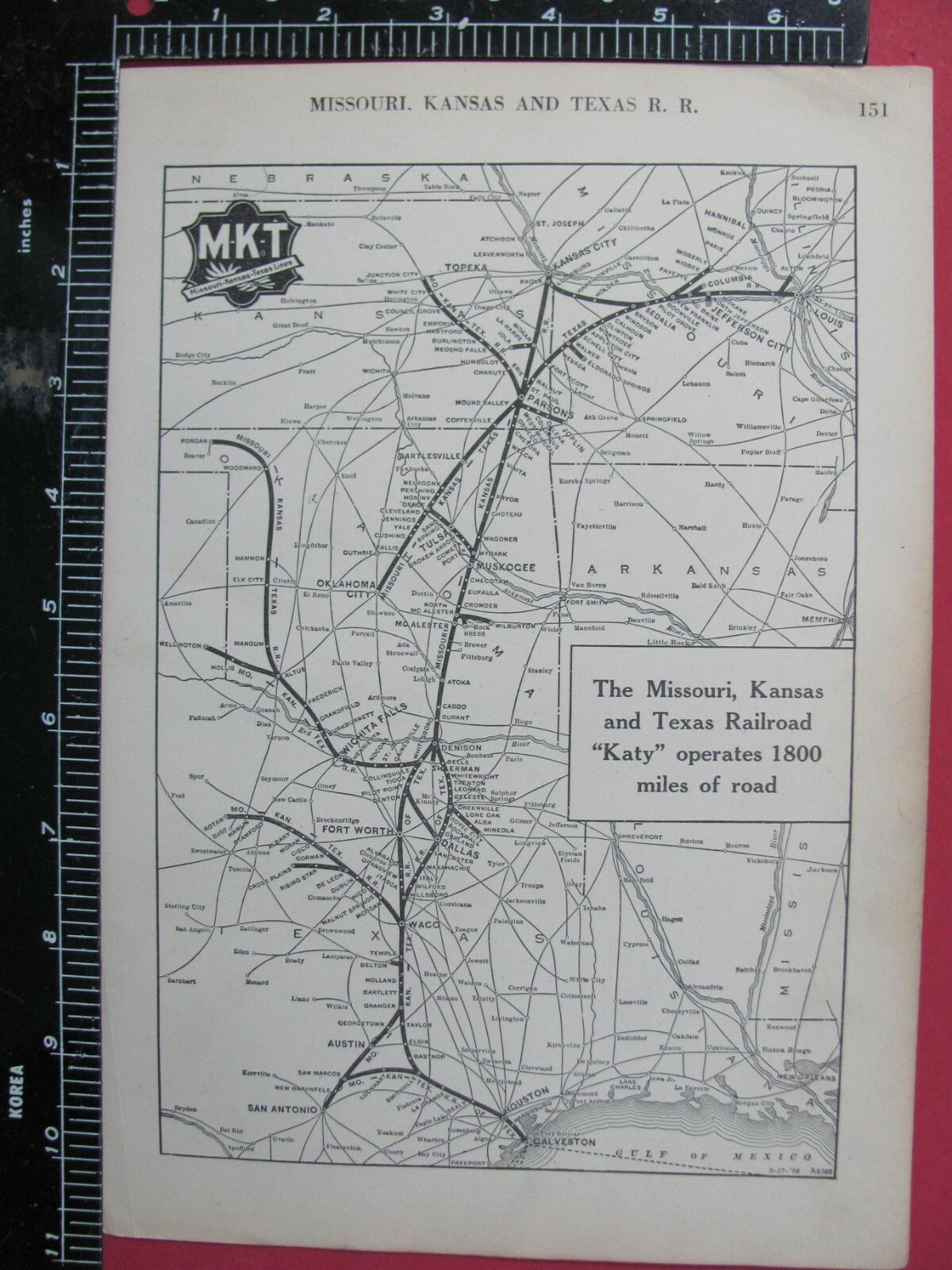 MISSOURI KANSAS & TEXAS RAILROAD 1924 DATED SYSTEM MAP ROUTES CONNECTING RRs